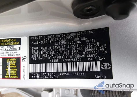 2012 Toyota Camry Le из США, поврежденный, VIN 4T4BF1FK7CR258505